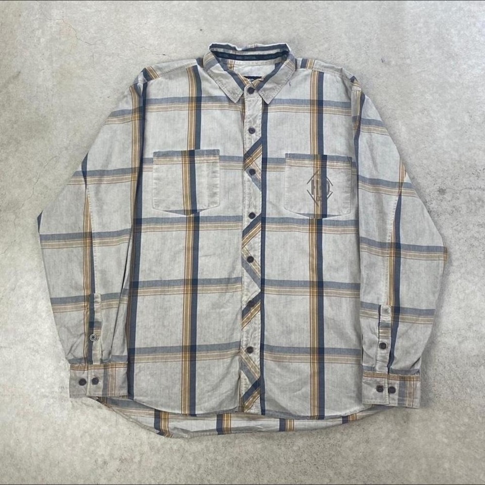 Vintage Harley Davidson Button Up Shirt Size XXL Tan Plaid Long Sleeve Biker